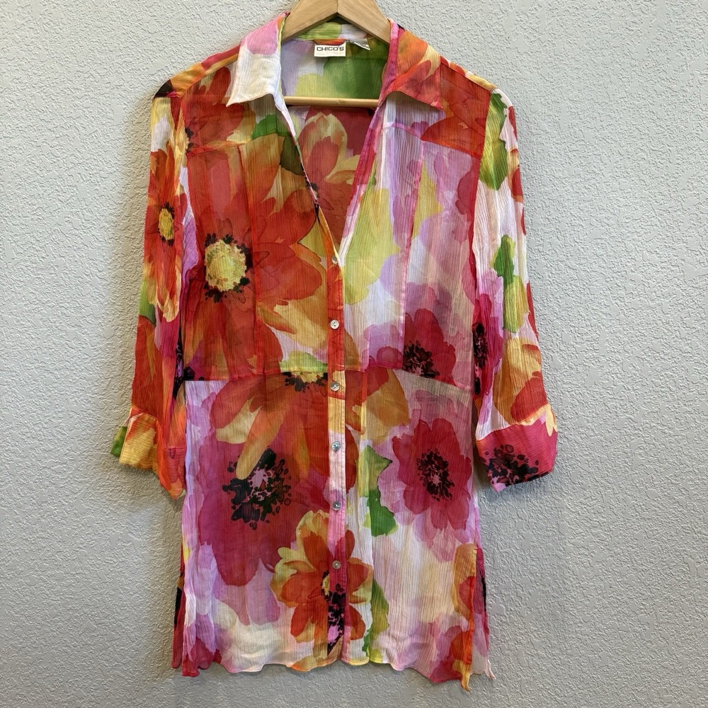 CHICO'S 100% Silk Sheer Blouse Tunic Mini Dress Bright Floral Size 1